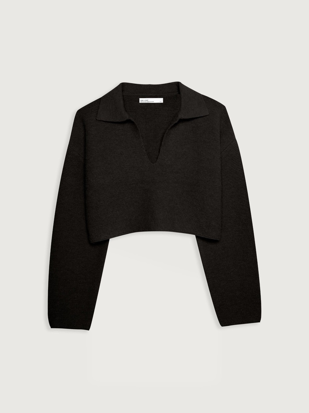 OAK + FORT Black Cropped Collared V-Neck Sweater